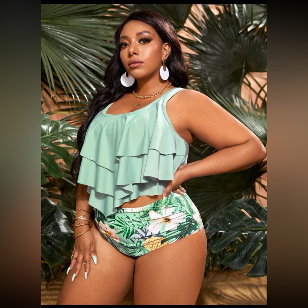 SHEIN Mint and Hawaiian Floral Tankini Swimsuit